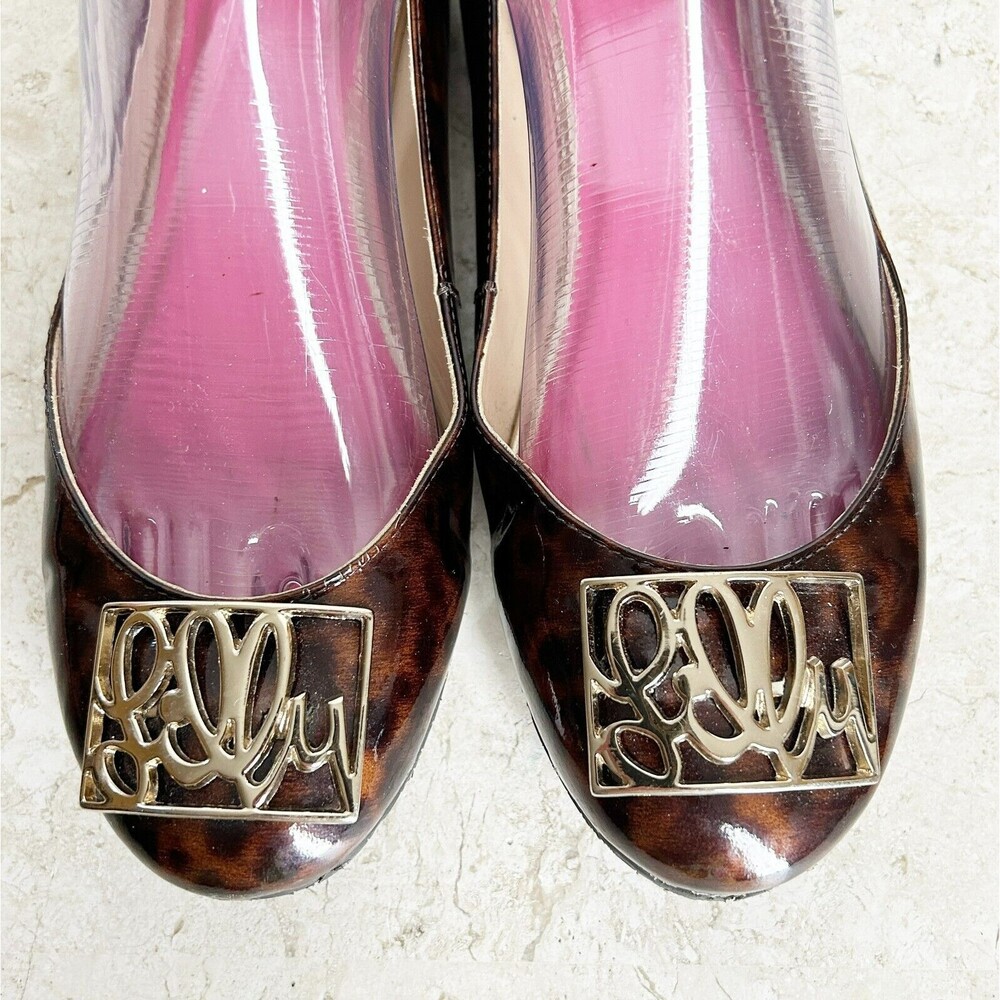 Lilly Pulitzer Logo Ballet Flats 8.5 Shoes Brown Shiny Leather Tortoise Pattern - Picture 3 of 10